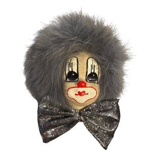 Clown Face Magnet With Sparkly Bow Tie Handcrafted Gray Fur 3.75"